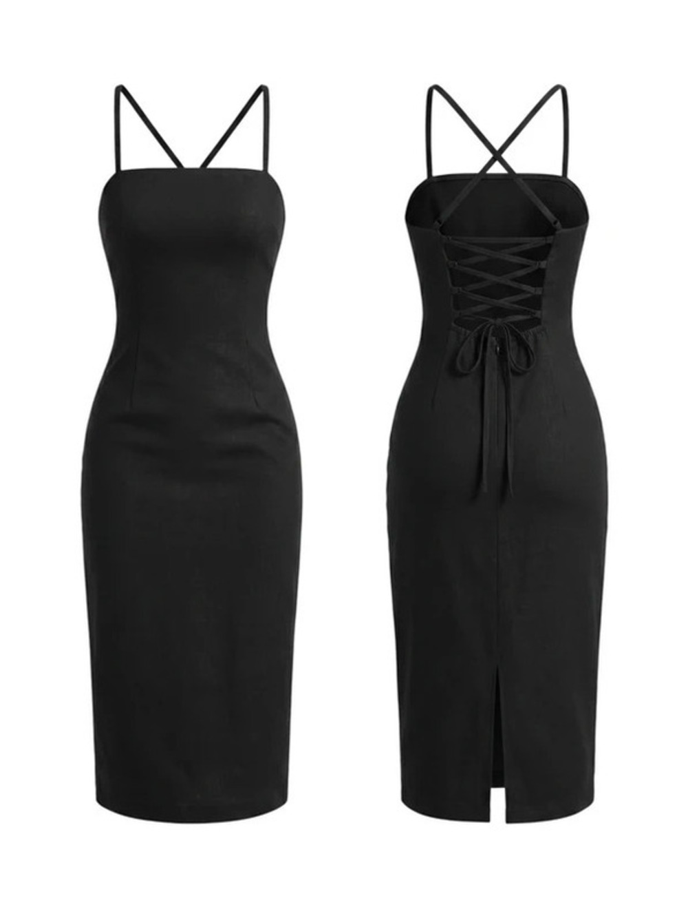 Black Linen Square Neck Lace Up Back MIDI Dress size 4 NWT
